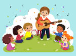 Decorative image of girl playing a guitar in front of a group of children. 