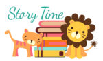 Decorative image of lion and cat in front of a stack of books. Says Storytime.